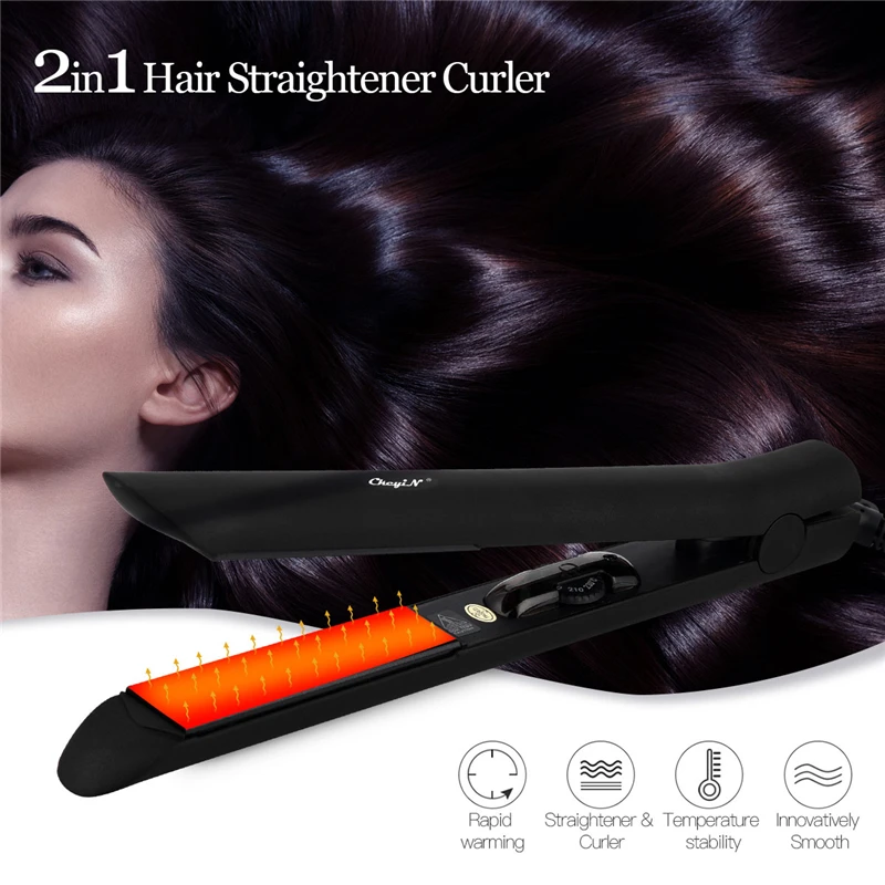 

2 in 1 Hair Straightener Brush Titanium Ceramic Flat Iron Professional Electric Hair Comb Straightener Curling Iron Curler Tool
