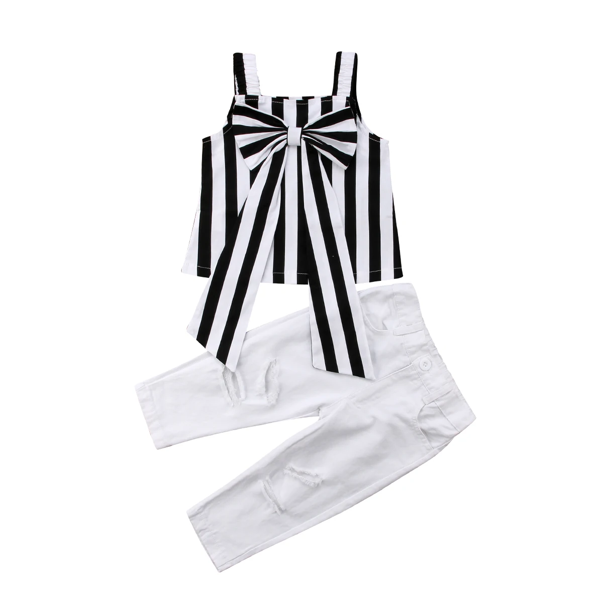 

2018 Newest Brand Toddler Kids Baby Girl Big Bow Stripe Sleeveless Tops +White Hole Pants Fashion Outfits Clothes 2PCS Set 2-7T