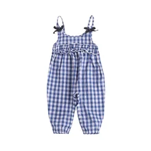 Штаны на лямках для маленьких девочек; летние брюки-комбинезоны с бантом; цвет белый, синий; детская одежда в клетку