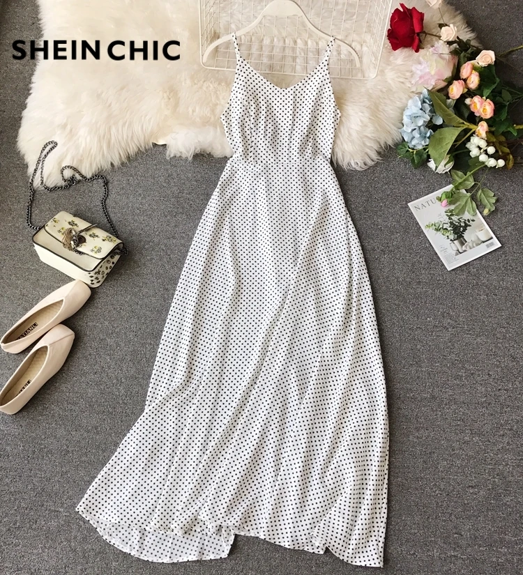 

Summer Vacation Bohemian Beach Dress 2019 Women Sexy Vintage V-neck Spaghetti Strap Pleated Chiffon Dress Maxi Polka Dot Dress