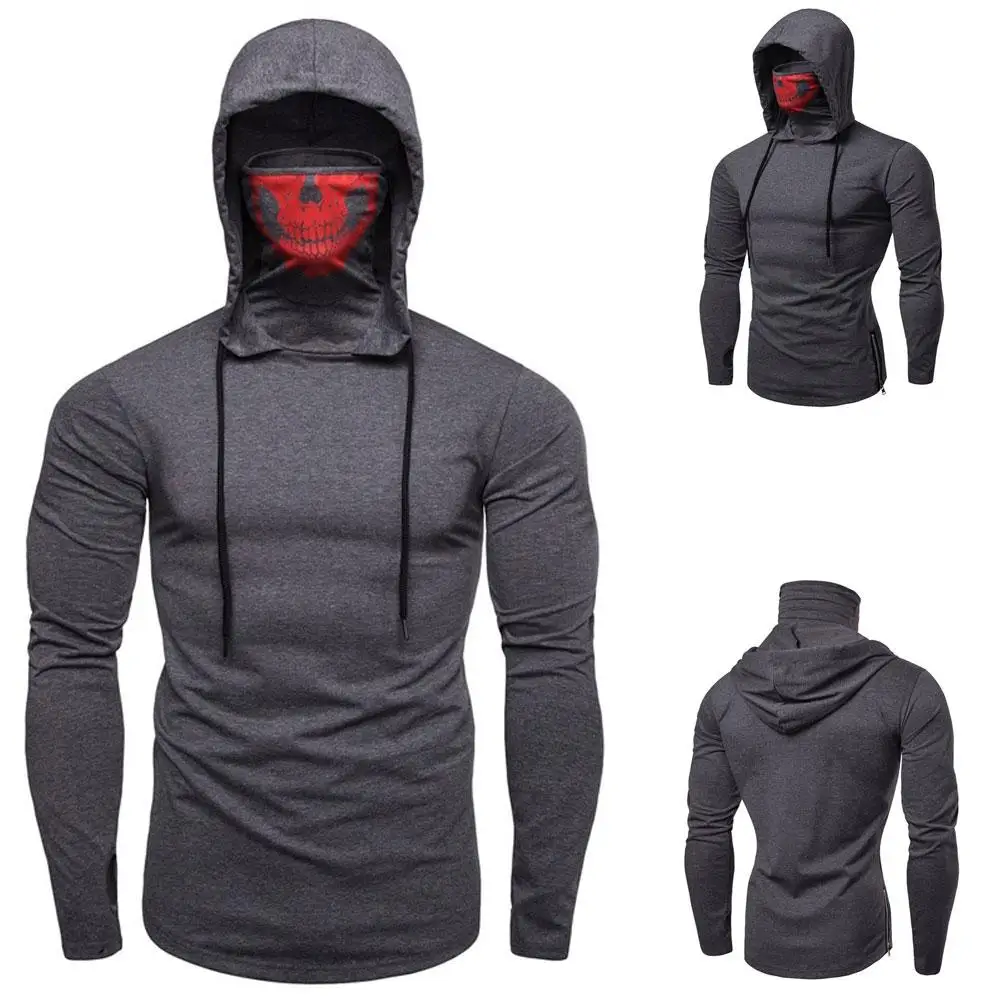 

New Stretch Fitness Men Ninja Clothes Hooded Long-Sleeved Hoodie Skull Mask