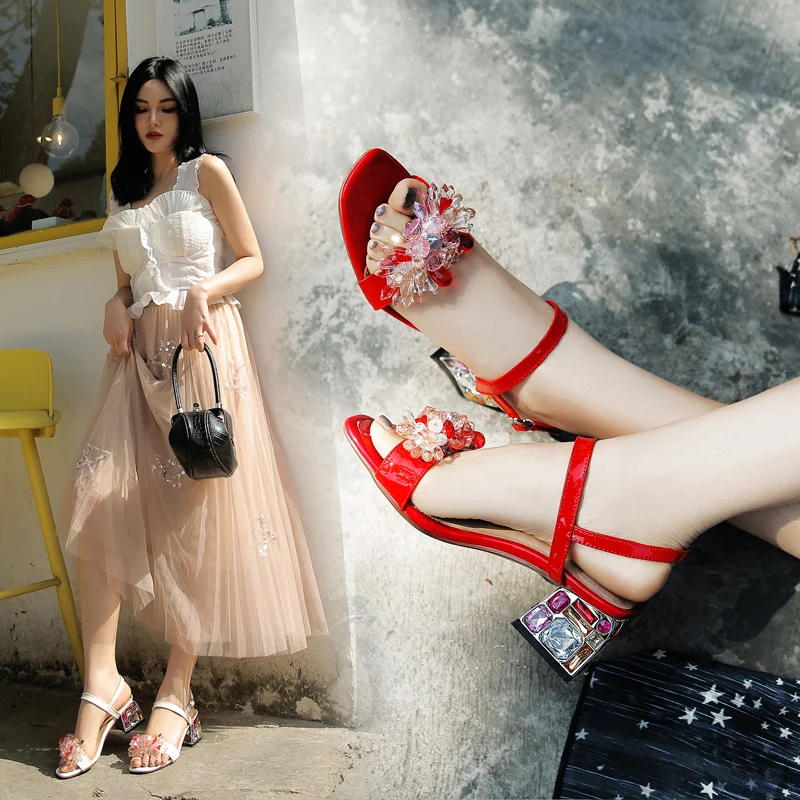 

Women Sandals Gladiator Full Crystal Shoes Low Heels Sandals Women Buckle Strap Flower Sandals Crystal Heels Sweet Style