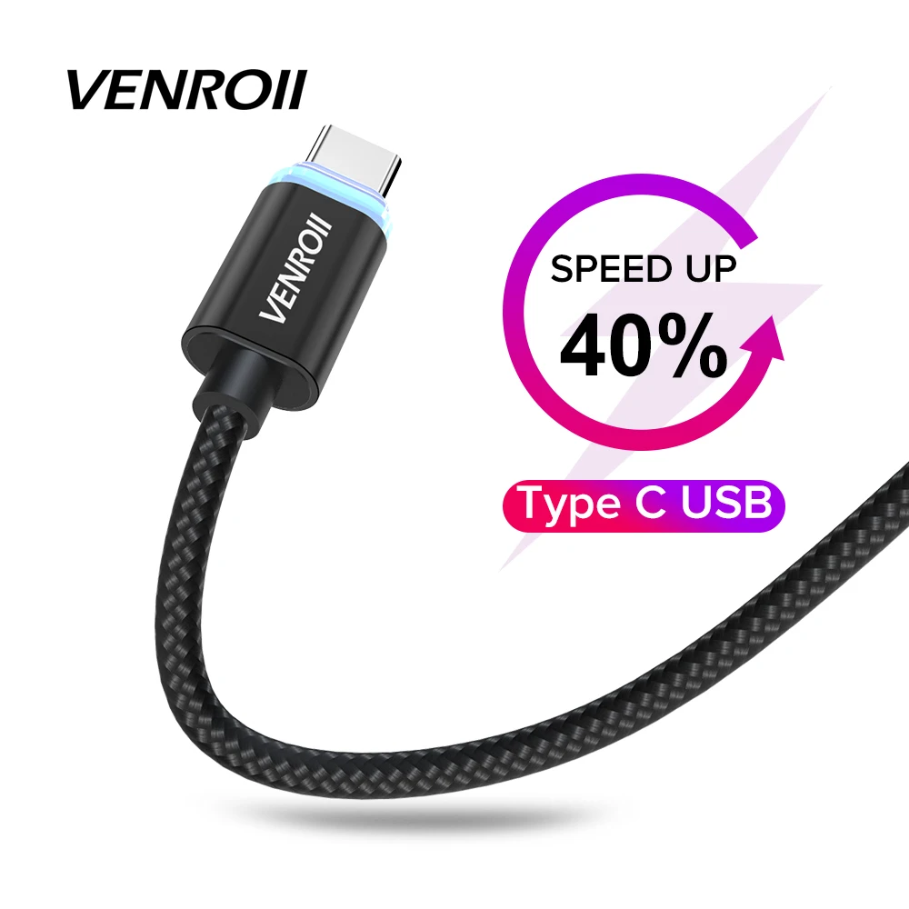 

1m LED Light USB C Cable Nylon Data Sync Line for Huawei Mate 20 Lite P20 Pro Samsung Mi 2.4A Fast Charging Cord Cell Phone Wire