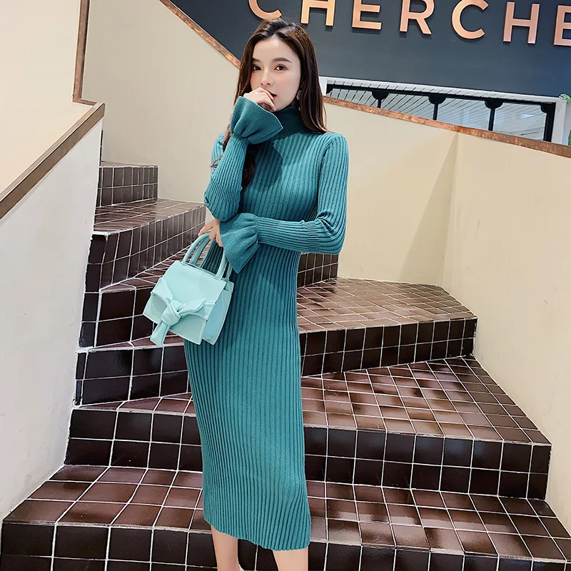 2019 New Arrival Spring Women's Clothes O-Neck Solid Knitting Slim Sexy Brand Sheath Brief Female Ruffles Pencil Long Dress S-XL | Женская
