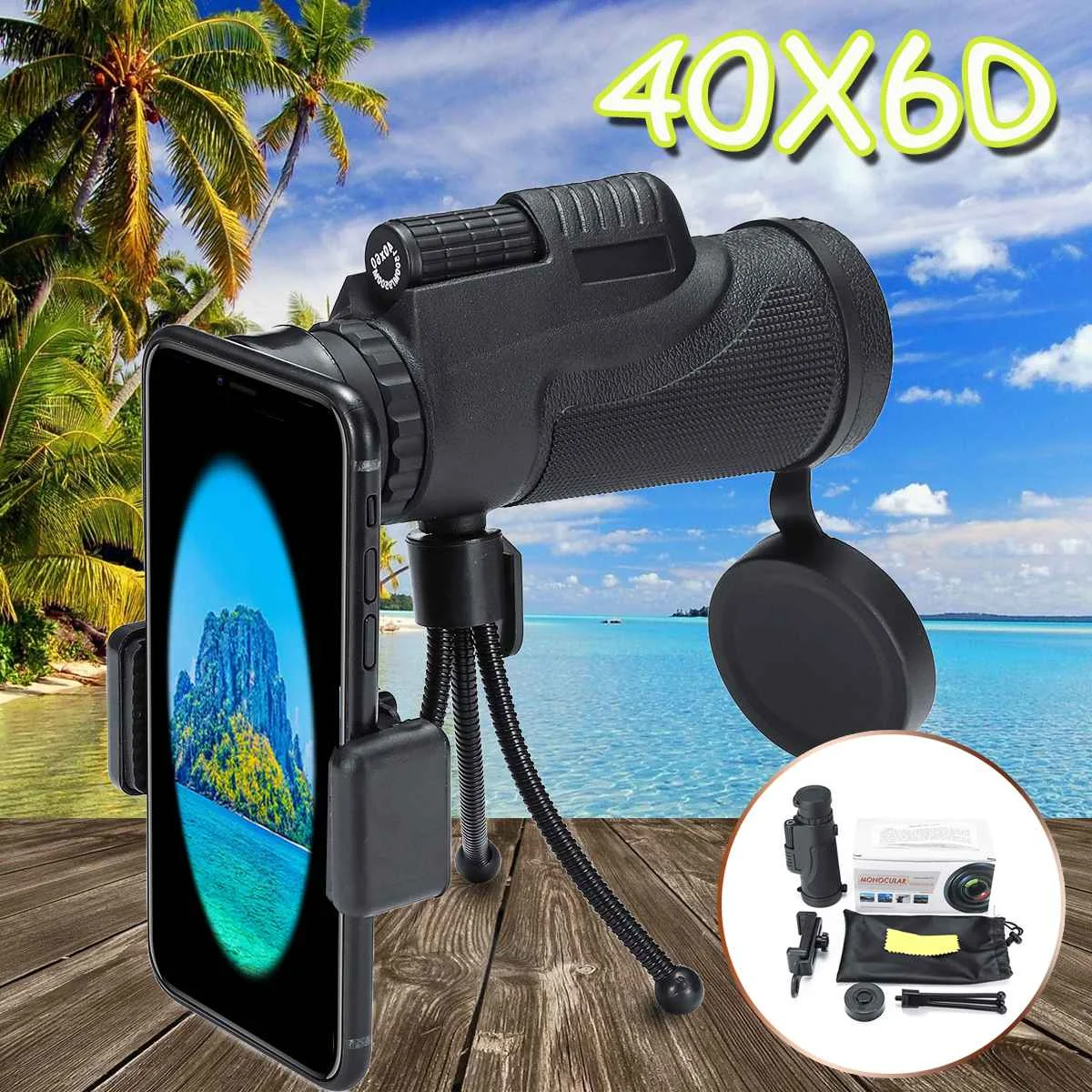 

Lens for Phone 40X60 Zoom for Smartphone Monocular Telescope Scope Camera Camping Hiking Fishing with Mobile Phone Clip Tripod