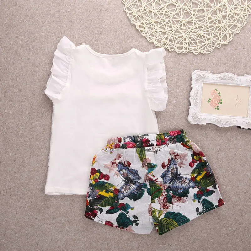 Комплект одежды для маленьких девочек, топы с короткими рукавами и цветочным принтом+ шорты, комплекты одежды 2-7T