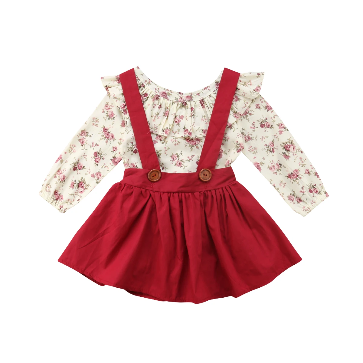

Toddler Kid Baby Girls Long Sleeves Cotton Clothes Set Floral Ruffle Tops+Red Strap Skirt Pageant Party Wedding Casual Outfits