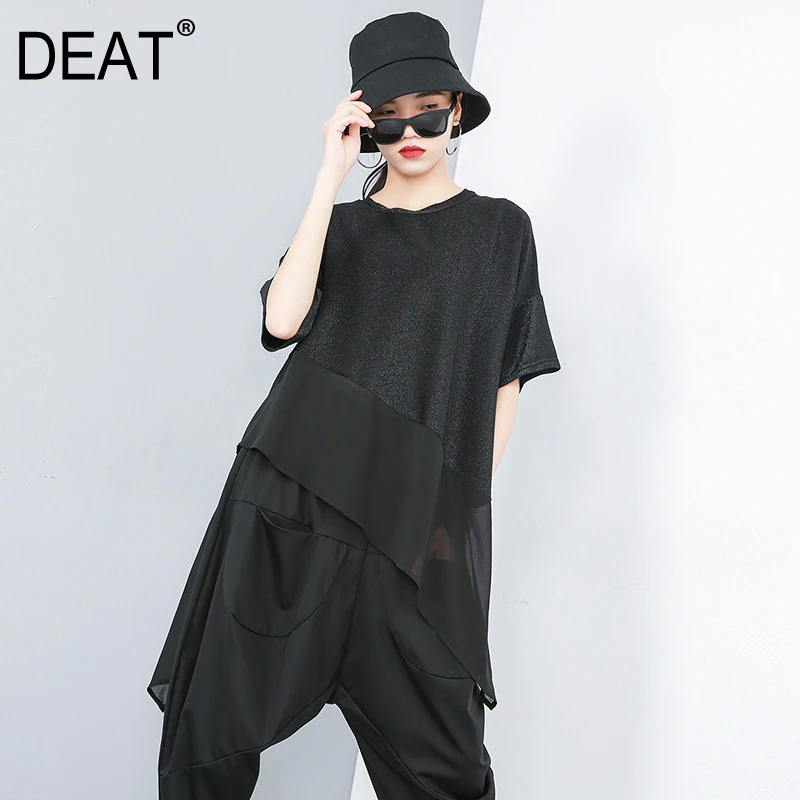 

[DEAT] 2019 New Autumn Winter Round Neck Short Sleeve Black Hem Irregular Mesh Loose Big Size T-shirt Women Fashion Tide JR86