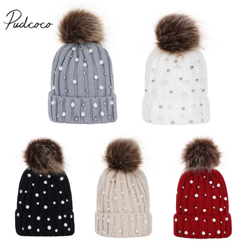 

2019 Brand New Newborn Infant Kid Baby Girl Pearl Knitted Hat Winter Warm Cap Bonnet Crochet Big Pompom Furry Ball Beanie 6M-8T