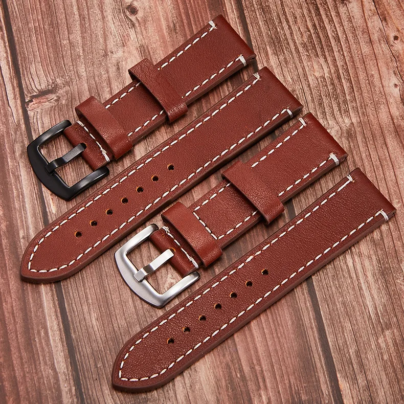TOP Quality 22mm Smooth Genuine Leather Watch Band Strap Black Dark Brown Vintage Watchbands Belt Silver Black Buckle