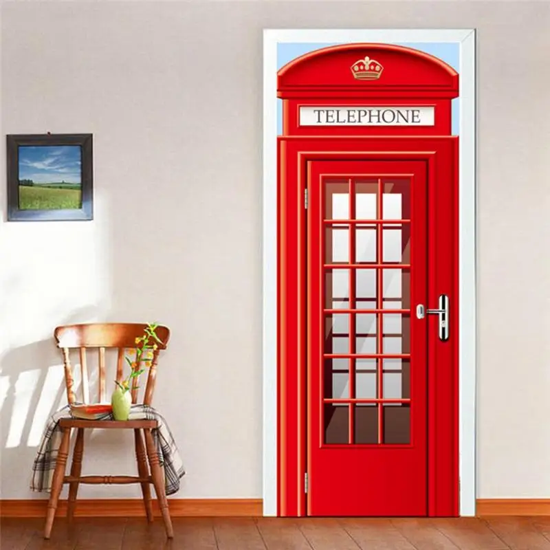 В британском лондонском стиле, красная телефонная будка, наклейка на дверь, самоклеющаяся, ПВХ, водонепроницаемая, для дома, Настенный декор, плакат, наклейки, украшение комнаты