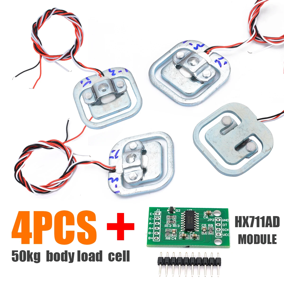 

New 4pcs 50KG Human Scale Body Load Cell Resistance Strain Weight Sensor + HX711 AD Module Pressure Sensors Measurement Tools