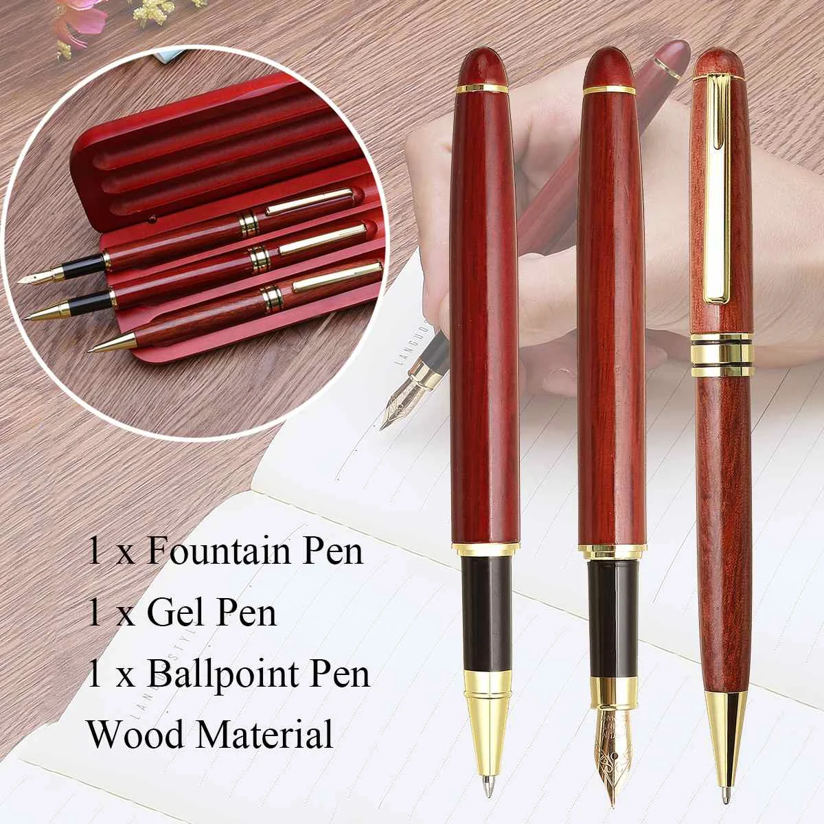 

3Pcs Wooden Fountain Pen Gel Pen Ballpoint Roller Ball Pens Signing Pen Writing Smooth Nip With Wood Box for Business Office