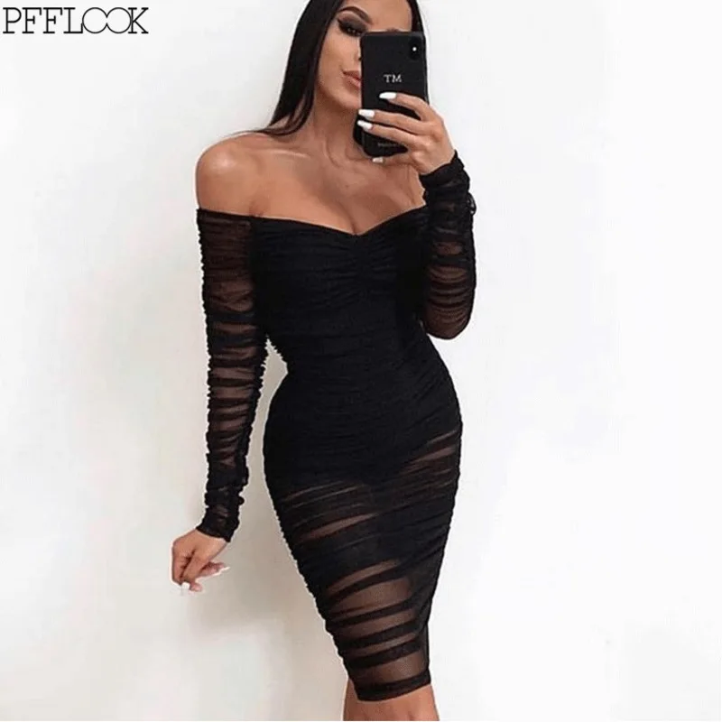 

PFFLOOK 2019 New Women Party Dress Sexy See-Through Bodycon Dress Smocking Elegant Dress Summer Mesh Festival Christmas Clothe