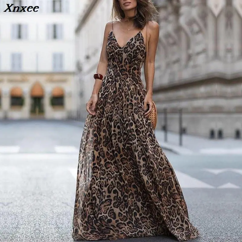 

2019 Autumn Women Sexy Sleeveless V-Neck Backless Dress Holiday Strapless Leopard Print Long Dress Vestido Xnxee