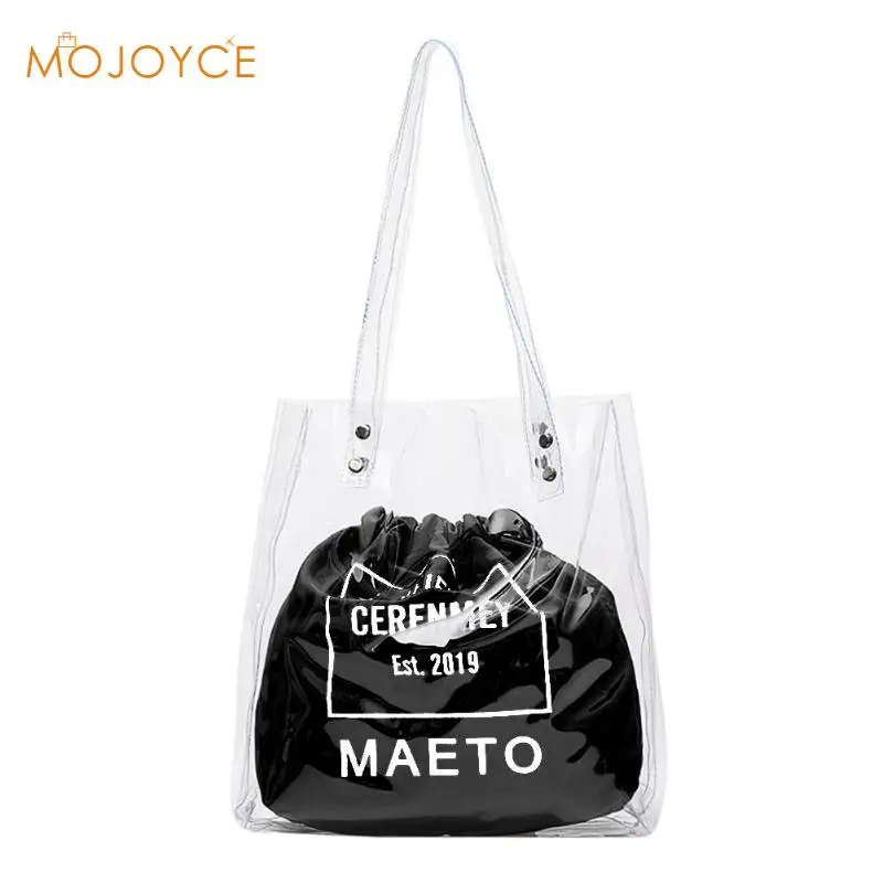 

Women 2pcs/set Transparent Shoulder Handbags Daily Drawstring Storage Clutch Jelly Shopping Totes Top-handle Bags Sac Femme