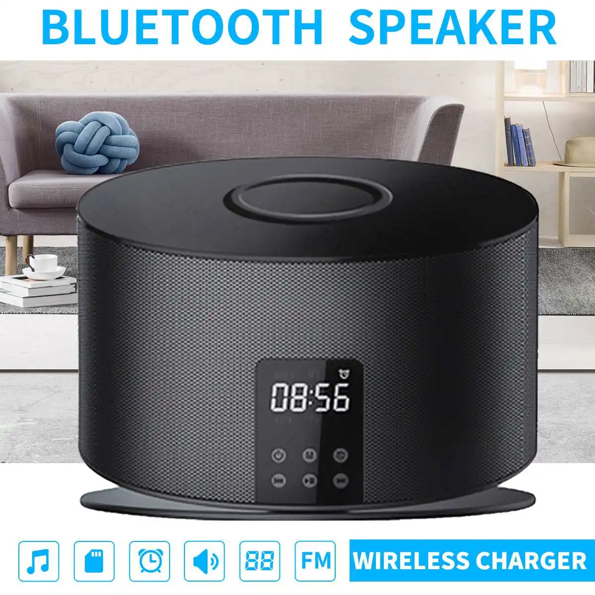 

Wireless Bluetooth Speaker Subwoofer LED Display Phone Charger Alarm Clock Mobile Power QI Charging Charger FM Radio TF/AUX
