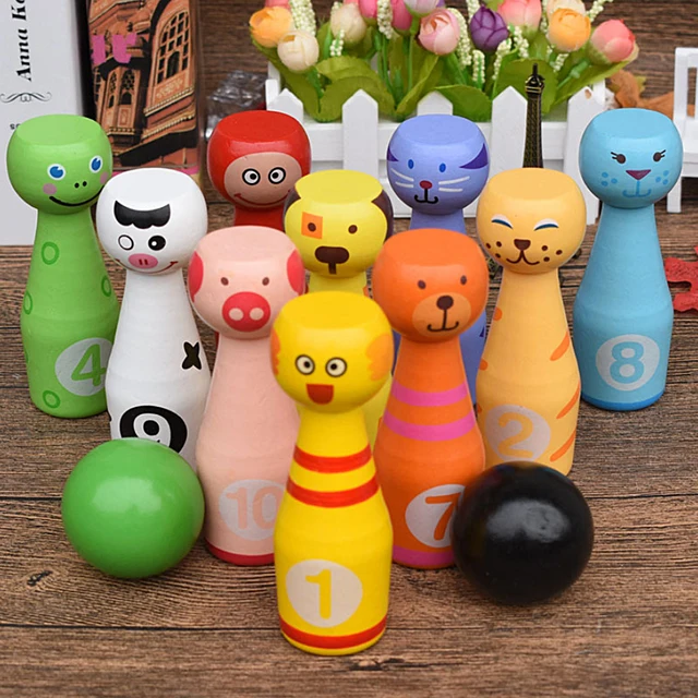 Best Offers 10PCS Pins 3PCS Balls Cute Cartoon Mini Wooden Bowling Bottle Ball Game Toy Kids Parents Interactive Educational Outdoor Toys