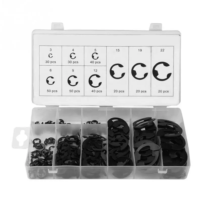 

300Pcs Metal E-Clip E-ring Shaft Retaining Rings Assortment Kit w/ Box E Clips Fastener Black 3mm-22mm washer gasket rondella