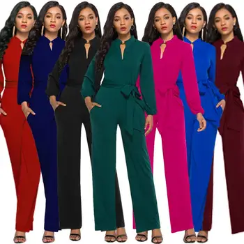 

Women Long Sleeve Button Jumpsuit Wide Leg Long Pants Romper With Belt Slim Stand Collar Jumpsuit Work OL Style Malay Fashion