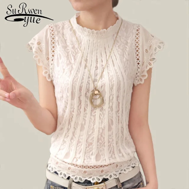 US $7.63 2019 Ladies White Lace Blouse Short Sleeve Stand Collar Women Tops Elegant Patchwork Crochet Women 