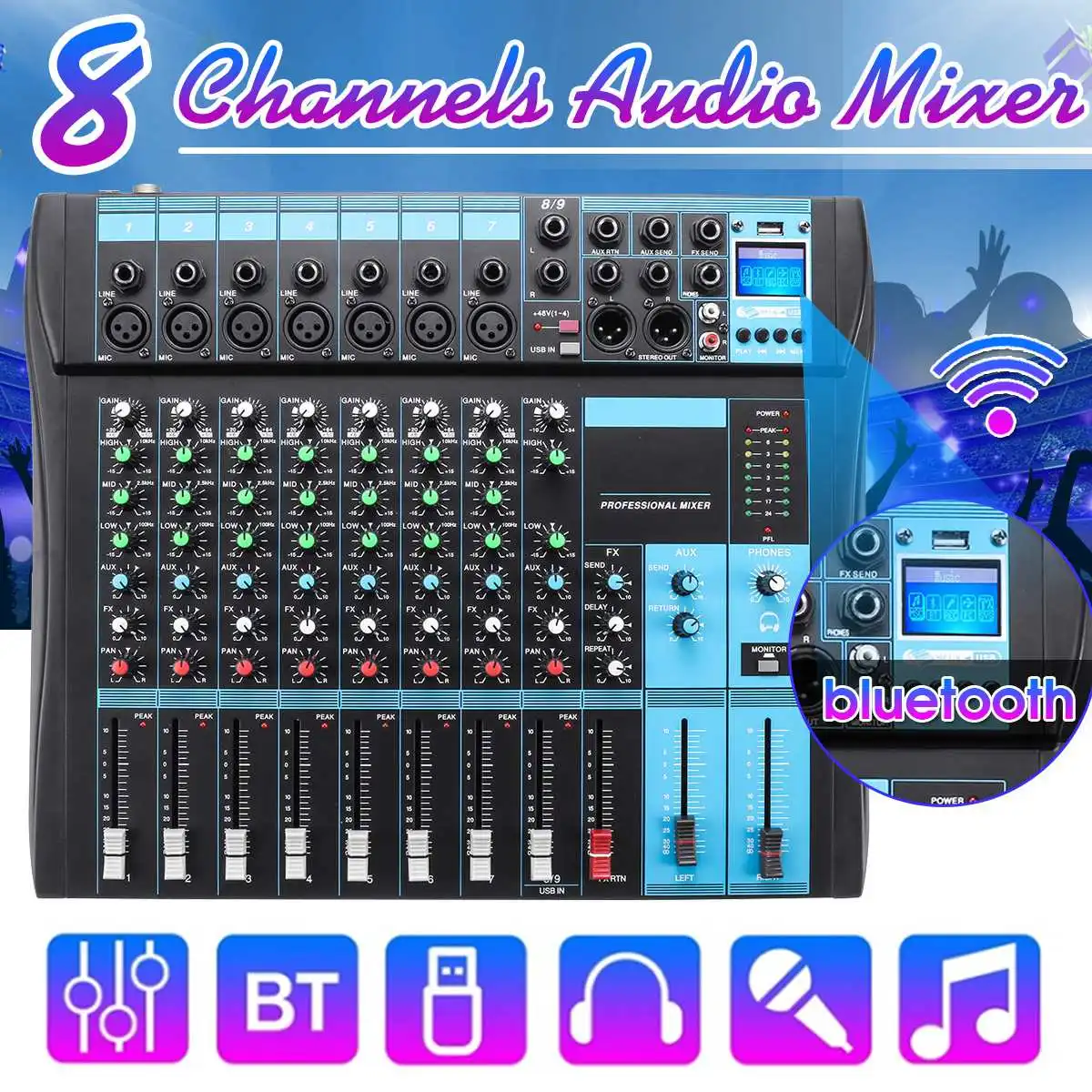 

8 Channel DJ Sound Mixer with bluetooth USB Professional Live Studio Audio Blue Mixing Console 48V Phantom Power for Karaoke KTV