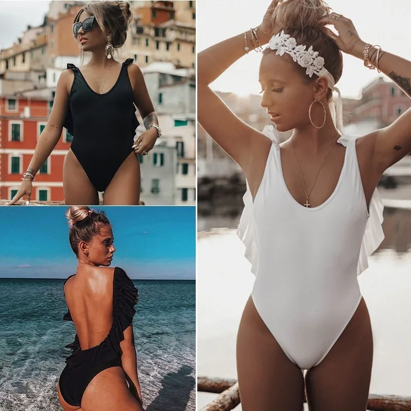 

2019 Sexy Backless Ruffle One Piece Swimsuit Women Padded Swimwear Bandage Cut Out Monokini Bathing Suit Plus Size Swimwear XL