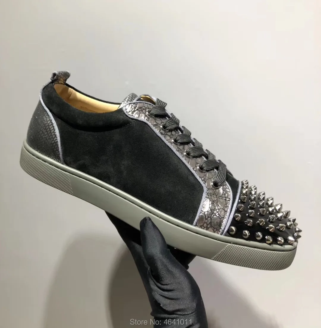 

Low Cut Leisure shoe cl andgz Lace up Full Black snake leather Rivets Fashion Red bottoms For Men Shoes Sneakers casual Flat