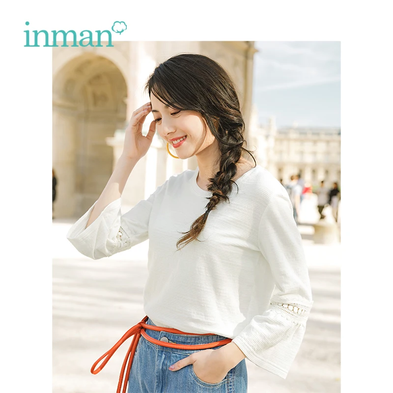 

INMAN 2019 Spring New Arrival O-neck Retro Literary Casual All Matched Loose Slim Bell Sleeves Women T-Shirt