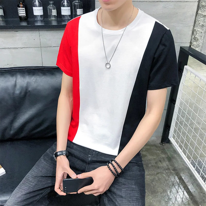 

Brand New 2019 Short Sleeve T-shirt Homme Summer T Shirt Men Patchwork Color Slim Fit Simple Men's Tshirt Camisetas Hombre