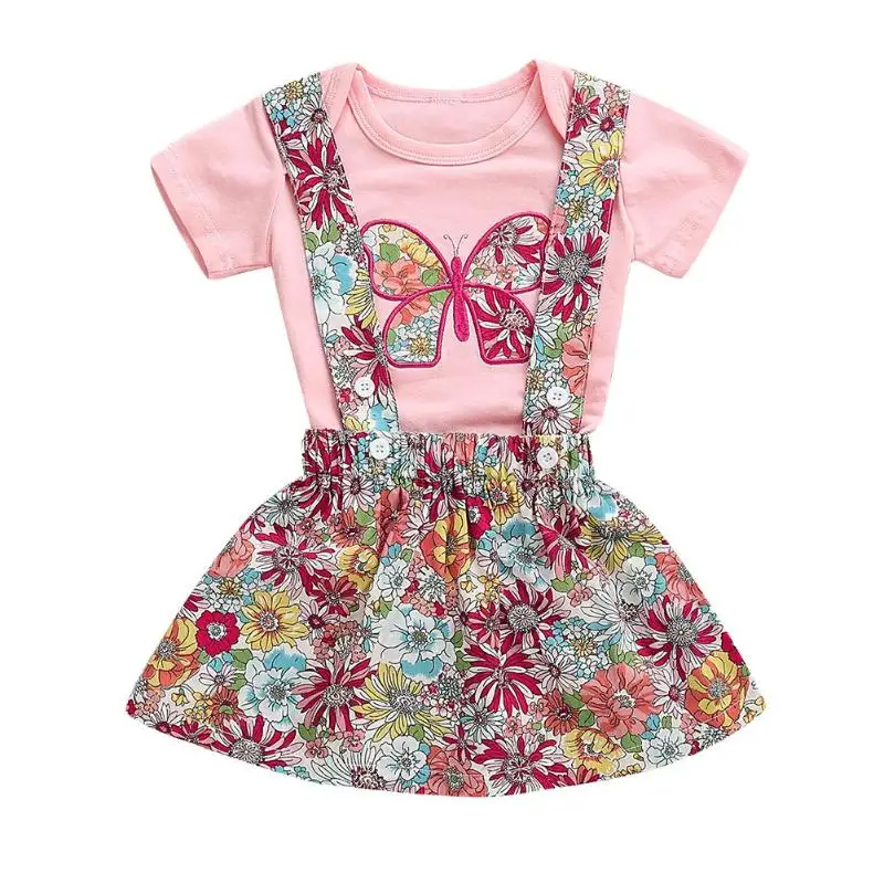 

2pcs/set Butterfly Print Short Sleeve Romper Kids Girls Floral Sling Dress