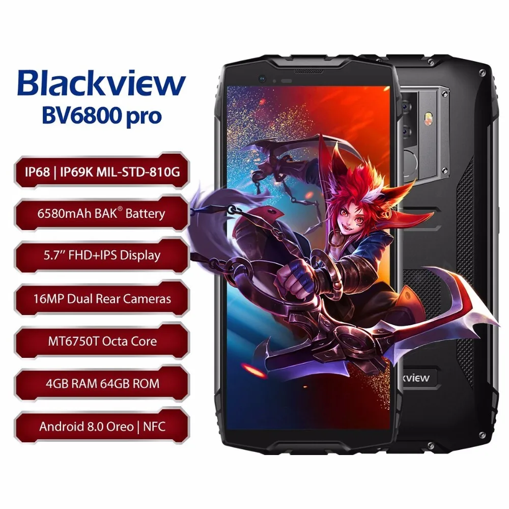 Blackview BV6800 Pro смартфон 5,7 "IP68 Водонепроницаемый MT6750T Octa Core 4 Гб + 64 Гб 6580 мАч Батарея Беспроводной зарядка NFC для мобильного телефона