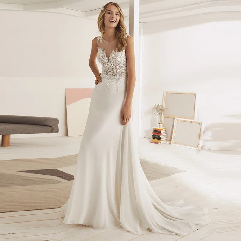 

Eightale Mermaid Wedding Dress Beach 2019 O-Neck Appliques Lace Chiffon Romatic Bridal Gown Wedding Party Dress vestidos