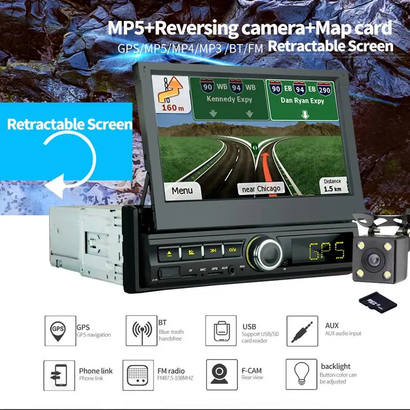 

Brand Car MP5 Player Bluetooth Handsfree HD Digital 7 Inch Retractable GPS Navigation Audio Car Touch Screen Stereo MP5 Player