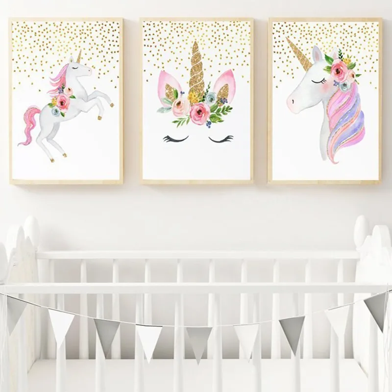 3 pcs Unicorn Poster Cartoon Canvas Painting Floral Animal Girls Kids Room Decor 