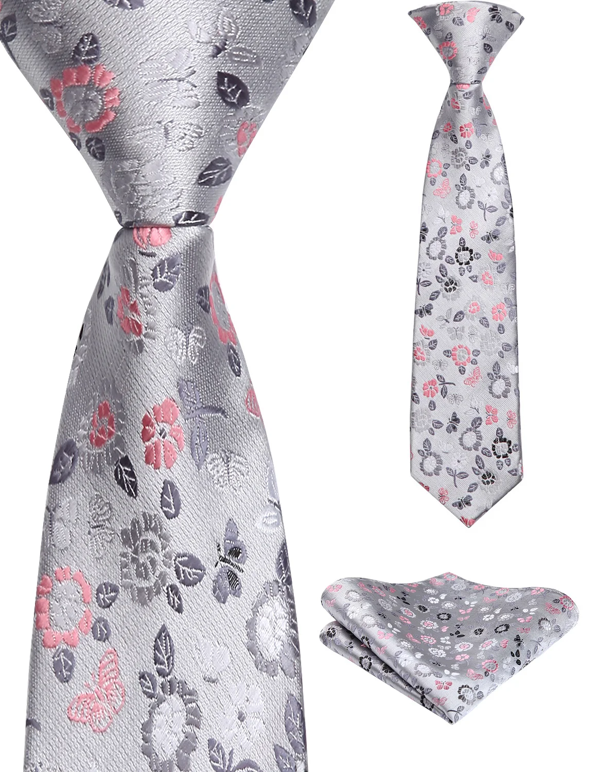 

38cm Child Pre-tied Necktie for Boys Floral Woven Handkerchief Set Kids School Parent-Child Tie Pocket Square Set