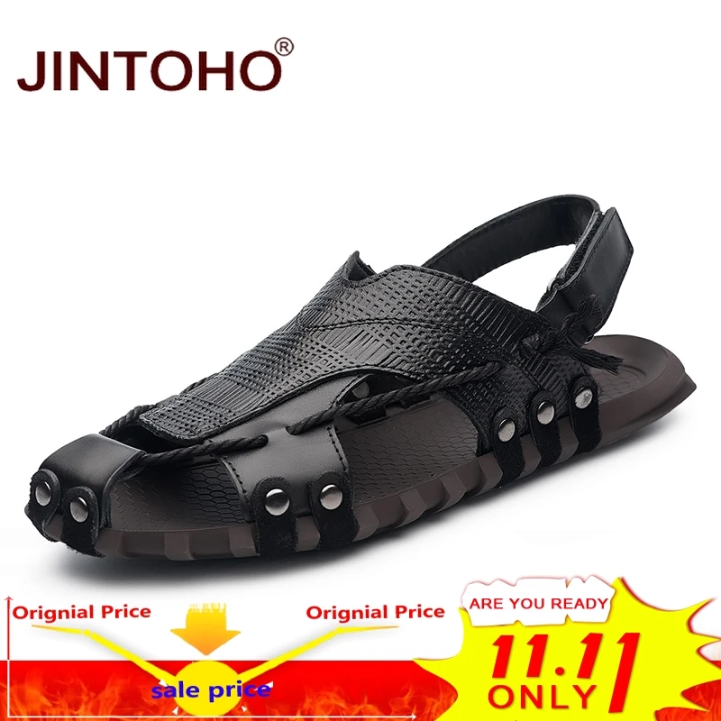 

JINTOHO Big Size Genuine Leather Men Sandals Shoes Summer Men Beach Shoes Fashion Male Sandal Summer Leather Sandals Slippers