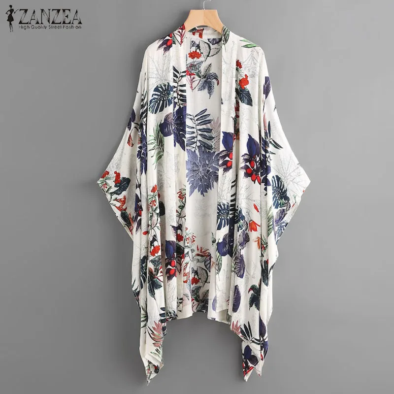

Plus Size Kimono Cardigan Women Blouse 2019 ZANZEA Casual Batwing Sleeve Shirts Print Cover Up Female Beach Blusas Tops 5XL