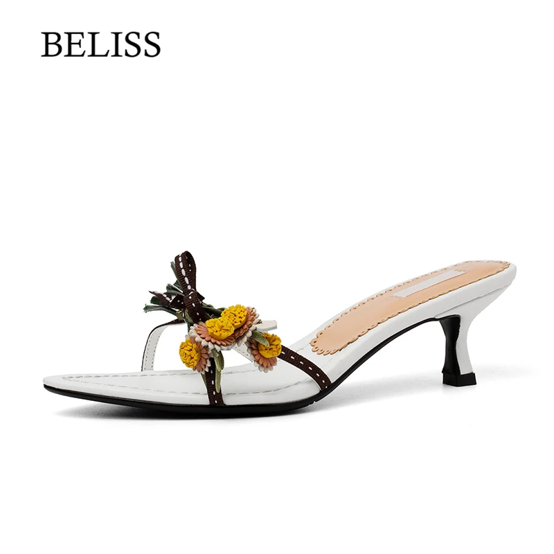 

BELISS 2019 Fashion Slippers Women Flower Thin Heels Spring Summer Slippers Lady Outside Wear Slides Woman Shoes Pointed Toe S37