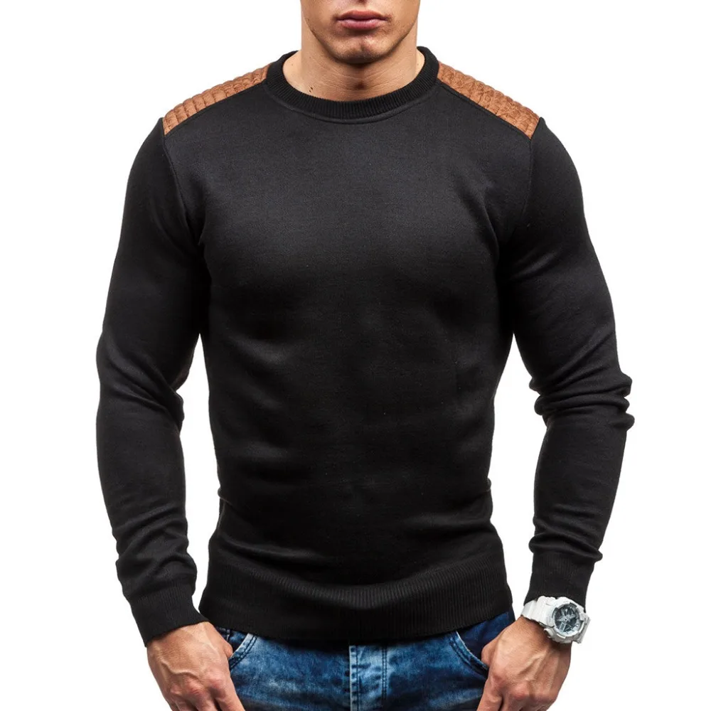 

Pullover Men 2018 Autumn Casual Sweater Men Fashion Patch Round Neck Elastic Quality Knitted Brand Male Sweaters Plus Size Black