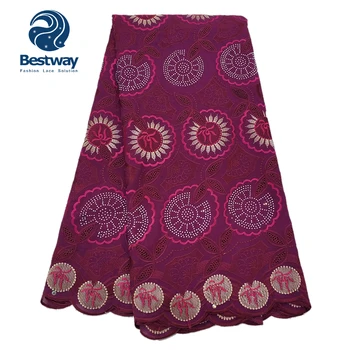 

Bestway African Dry Lace Fabric Swiss Voile Rhinestone Embroidered Flower Cotton Lace High Quality Magenta Color Laces Fabrics