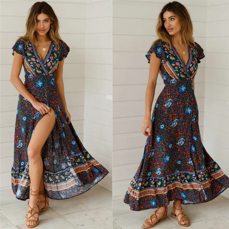 

Summer Women Long Dress Short Sleeves Floral Bohemian Sexy Maxi High Slit Peplum Dresses Party Vestidos V Neck Beach Dress 2019