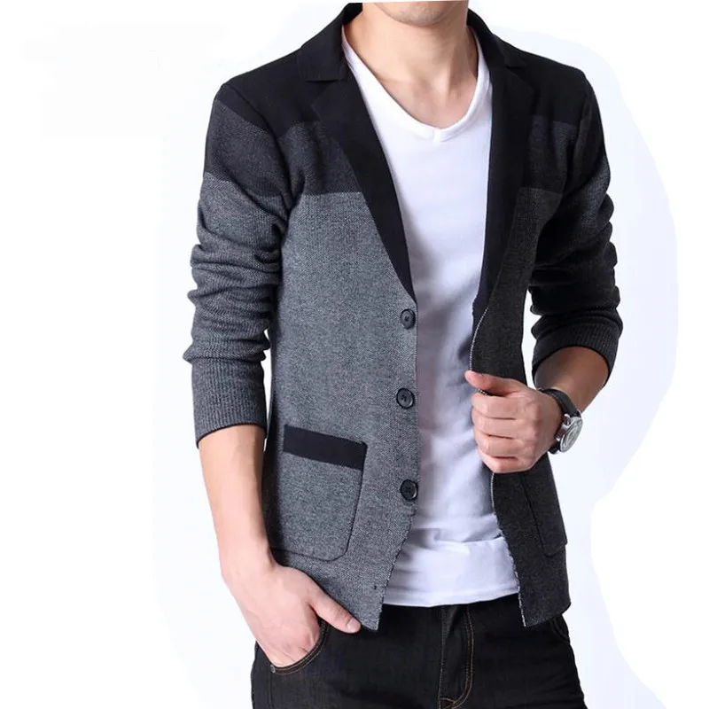 

Spring New MenS Knitted Cardigan Color Matching Trend Male Elegant Lapel Korean Coat Slim Sweater Fashion Blazer Texture Button