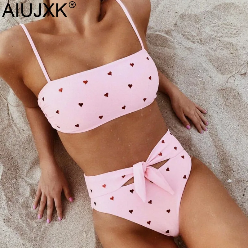 

AIUJXK New Fashion Heart Print Bandage Biquini Women Sexy Underwear Bra Set Ladies High Waist Lingerie Pink 2 Piece Swimsuit