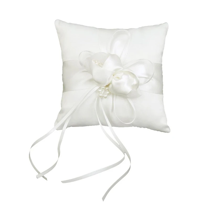 SPECIAL PRICE 1*Rings Bearer Pillow White Wedding Ring Holder Pillow Stain Flower Rings Bearer Cushion Decoration