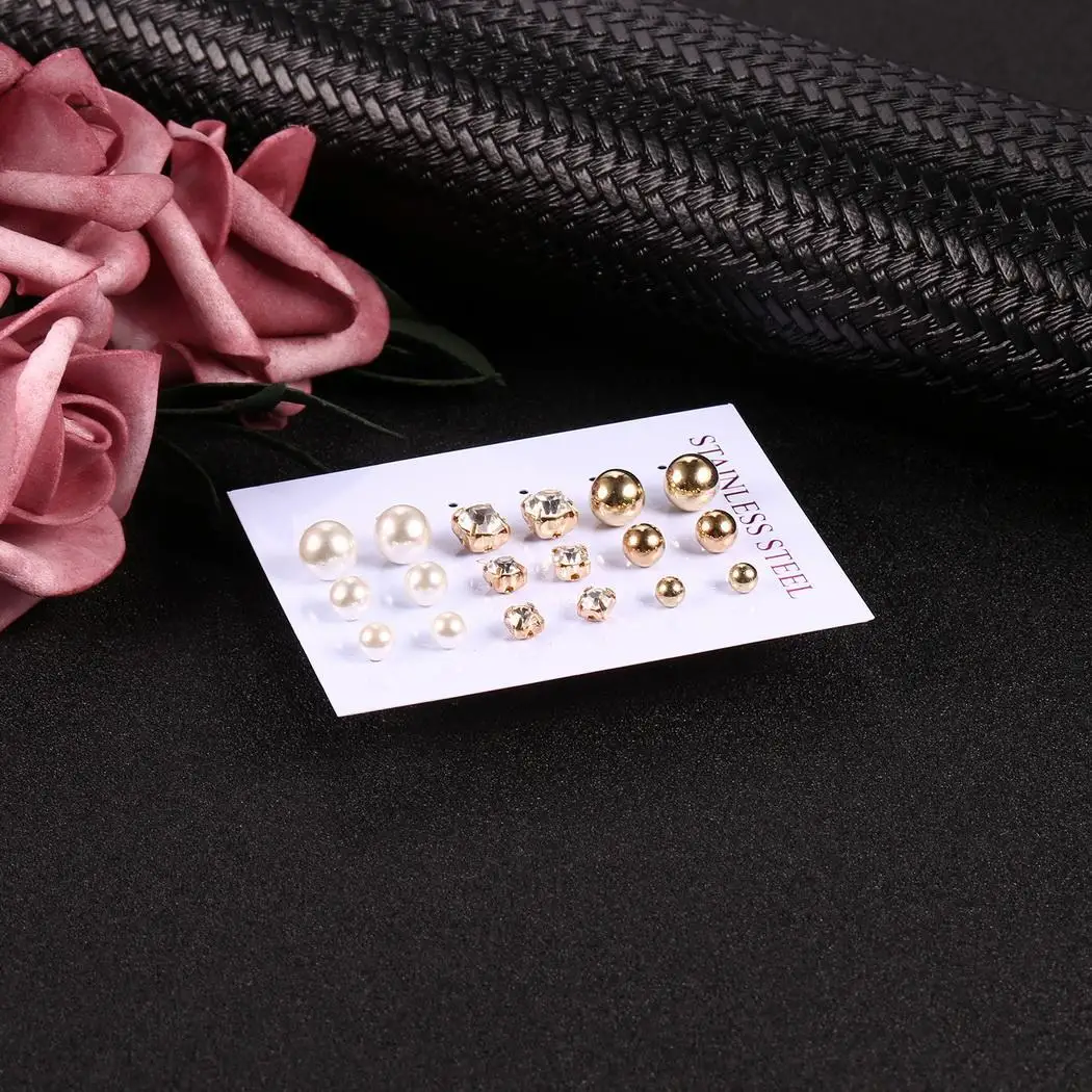 Women Fashion 9 Pairs Set Simulated Pearl Ball Rhinestone Casual Stud of 0.4cm 0.5cm 0.7cm Earrings | Украшения и аксессуары