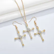Новинка, 3 шт., женские трендовые серьги и ожерелье, наборы, крест, стразы, дизайн, Женские Ювелирные изделия, женские свадебные ювелирные изделия, золотая цепочка