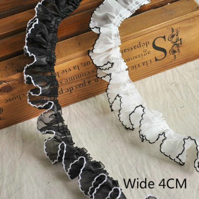 

4CM Wide Black White Pleated Chiffon Tulle Lace Ruffle Trim Ribbon 3D Folded Applique For Garment Dress Tassel Fringe Decor