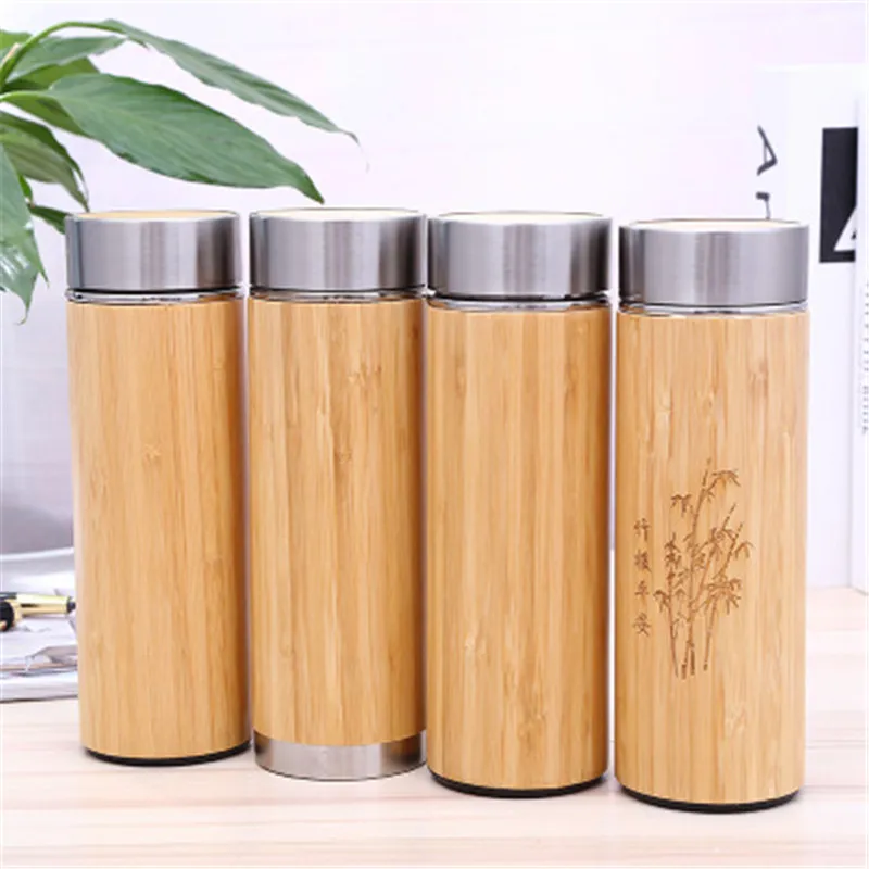 

BalleenShiny 1PCS 450ml Bamboo Vacuum Cup 304 Stainless Steel Straight Body Cup Water Bottle with Tea Infuser Filter Thermos Cup