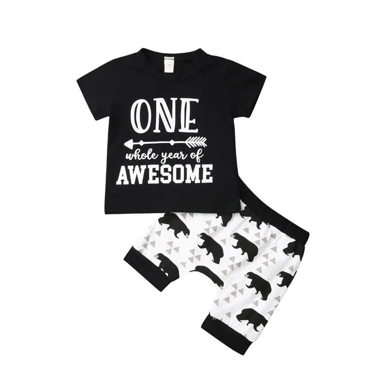 Комплект одежды для маленьких мальчиков, летняя одежда с короткими рукавами для новорожденных, футболка с буквенным принтом, топы, штаны с